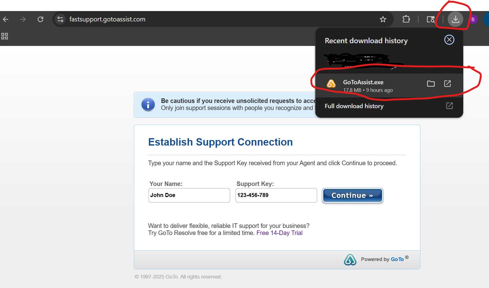 Browser shows GoToAssist.exe downloaded
